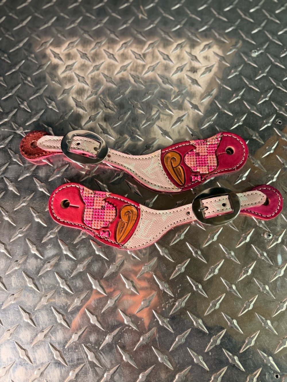 Pink Bedazzled Leather Spur Straps